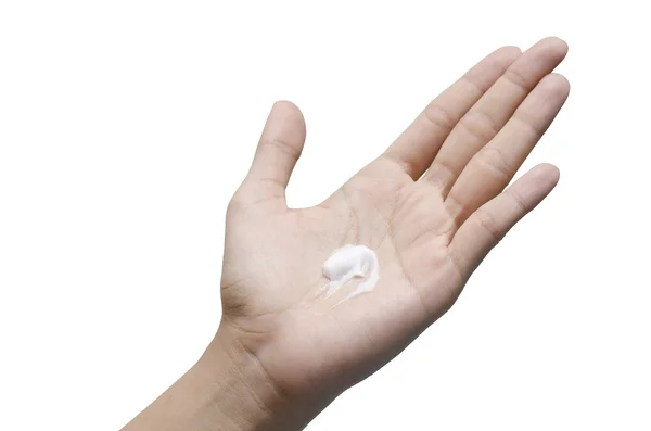Femme soin de la main avec massage lotion sur fond blanc — Photo