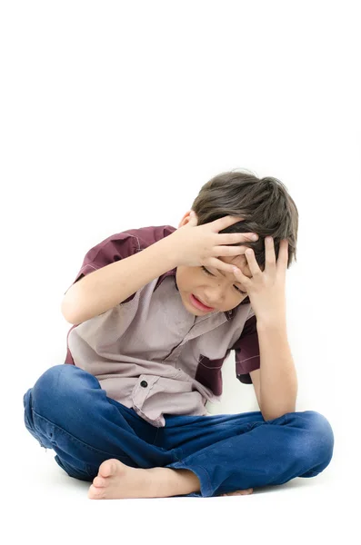Little boy with headache on white background — Stock Photo, Image
