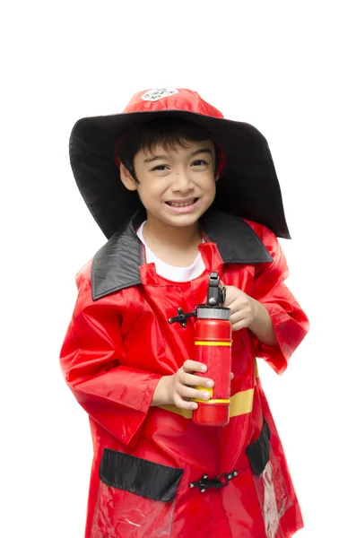 Little boy pretend as a fire fighter on white background — Stock Photo, Image