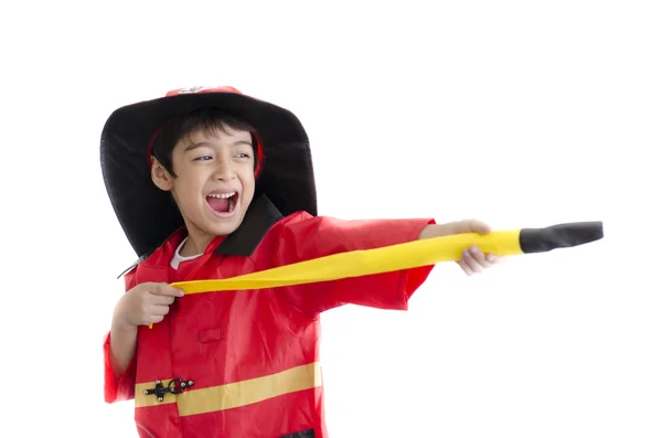 Little boy pretend as a fire fighter on white background — Stock Photo, Image