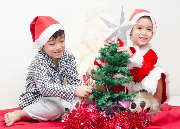 Kleiner Junge bereitet Weihnachtsbaum vor — Stockfoto