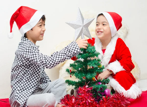 Kleiner Junge bereitet Weihnachtsbaum vor — Stockfoto
