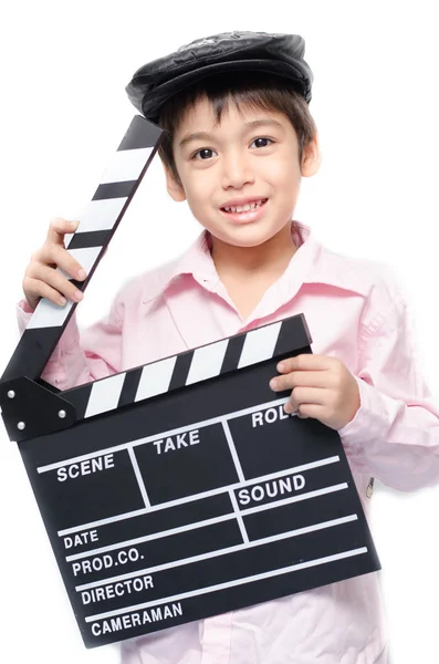 Little boy take slate studio on white background — Stock Photo, Image