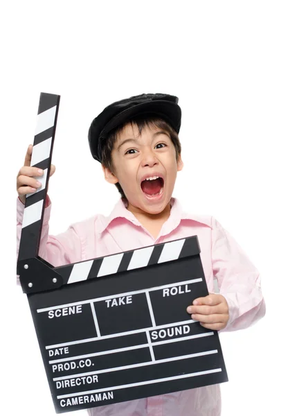 Little boy take slate studio on white background — Stock Photo, Image