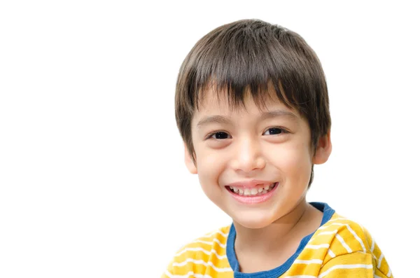 Menino retrato close up rosto no fundo branco — Fotografia de Stock