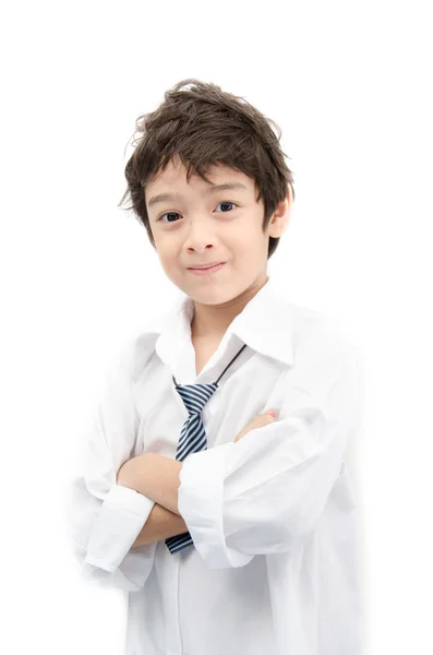 Liten pojke stående vit skjorta på vit bakgrund — Stockfoto