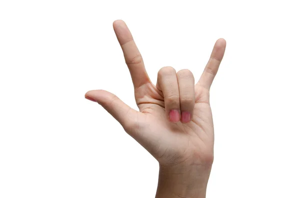 Woman hand sign love ASL american sigh language on white backgro — Stock Photo, Image