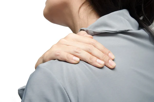 Mujer oficial teniendo dolor de cuello sobre fondo blanco —  Fotos de Stock