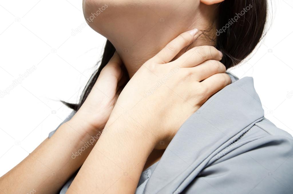 woman officer having neck pain on white background
