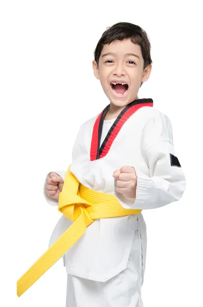 Pequeño tae kwon do boy martial art cinturón amarillo —  Fotos de Stock