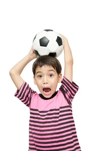 Menino segurando futebol no fundo branco — Fotografia de Stock