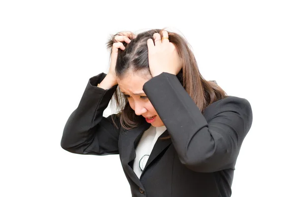 Asiatico business donna holding capelli con stress faccia su bianco indietro — Foto Stock