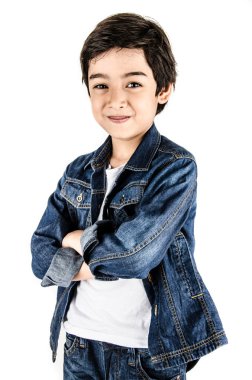 Little boy in jean cloth fashion isolate on white background cla clipart