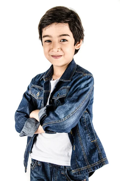 Niño en tela jean aislado de moda sobre fondo blanco cla — Foto de Stock