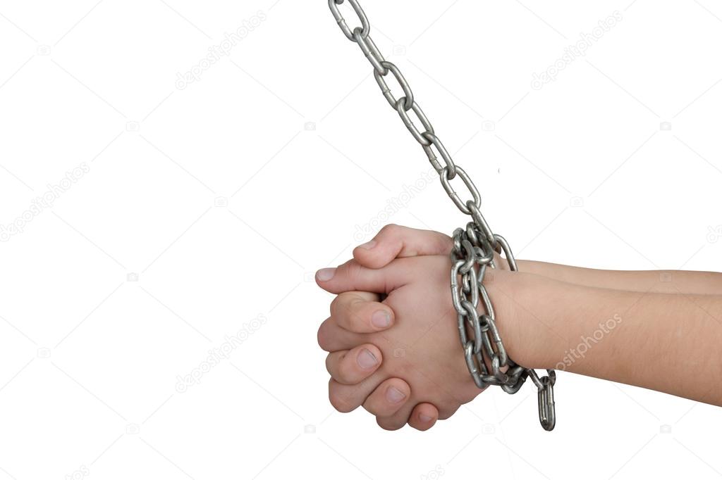 Kid hand's was tied by chain isolate on white background