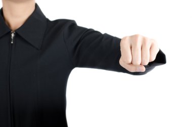 Beyaz arka plan üzerinde delme takım elbiseli kadın el