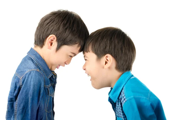 Piccolo fratello ragazzo combattendo tirando orecchio suo fratello su bianco — Foto Stock