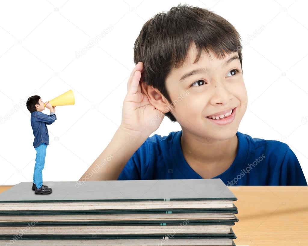 Little boy shouting and lissening on white background