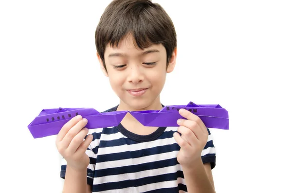 Little boy playing on paper art origami — Stock Photo, Image