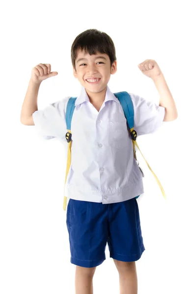 Petit étudiant garçon en uniforme sur fond blanc — Photo