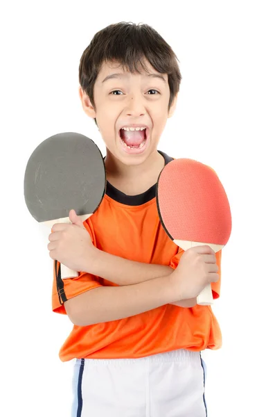 Kleiner Junge spricht Tischtennisschläger auf weißem Hintergrund — Stockfoto