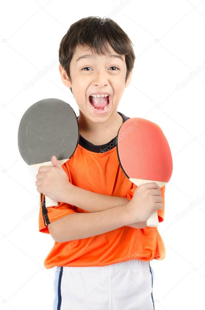 Little boy talking table tennis bat on white background