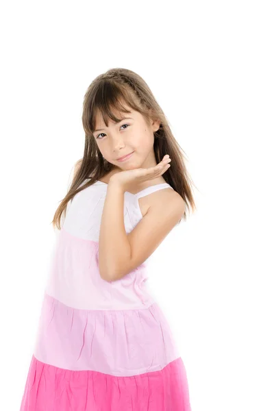 Šťastná holčička v růžových šatech portriat na bílém pozadí — Stock fotografie