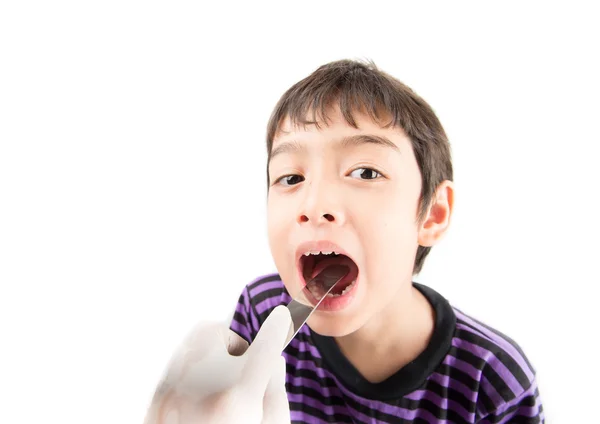 Doctor hand with glove check up kid throat at hospital — Stock Photo, Image