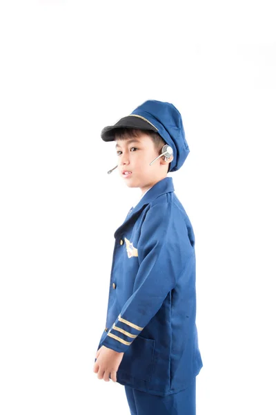 Little boy pretend as a pilot on white background — Stock Photo, Image