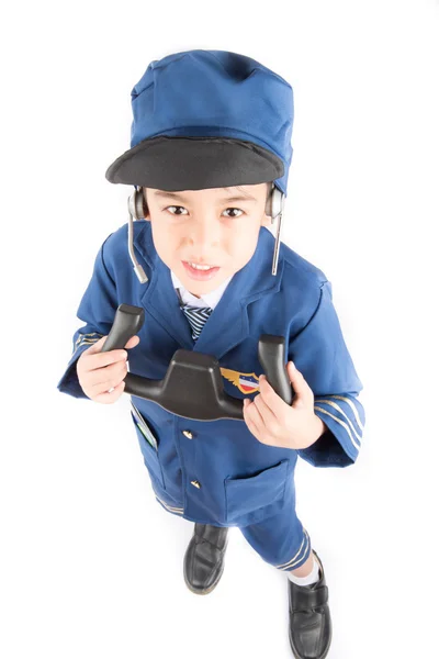 Little boy pretend as a pilot on white background — Stock Photo, Image