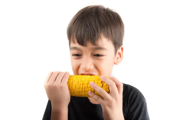 Menino comendo milho no fundo branco — Fotografia de Stock