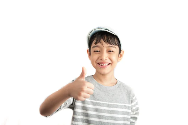 Little boy pose portrait with thump up on white background — Stock Photo, Image