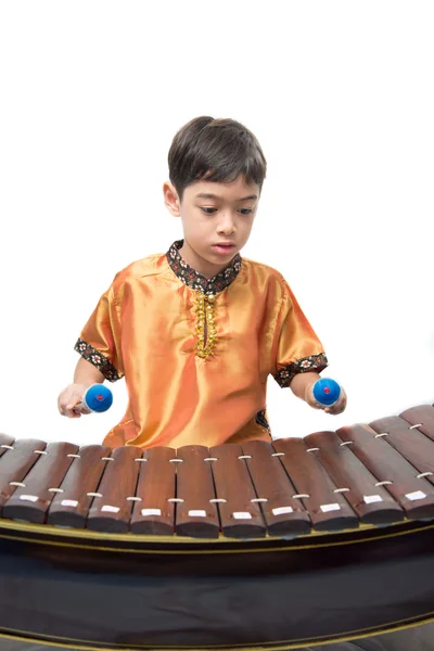Little boy learning Thai instument Xylophone, Ranat, — Stock Photo, Image