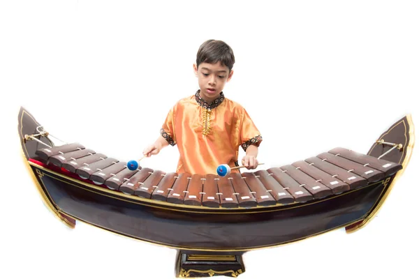 Little boy learning Thai instument Xylophone, Ranat, — Stock Photo, Image