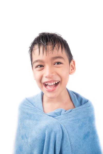 Little boy cover with towel on white background — Stock Photo, Image