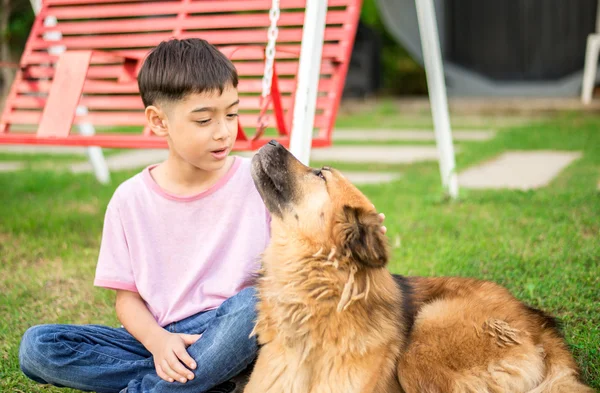 Petit garçon assis avec chien amitié — Photo