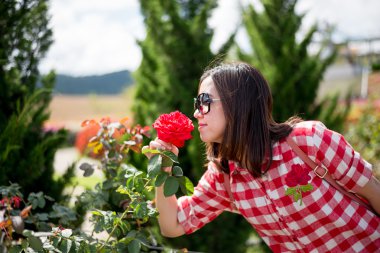 Asyalı güzel kadın smeling sarı çiçek
