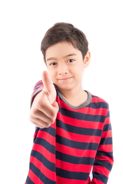 Kleiner Junge zeigt seinen Schlag nach oben auf weißem Hintergrund — Stockfoto