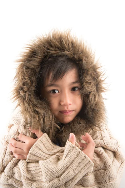 Little boy wearing fur coat protect from cold Royalty Free Stock Images