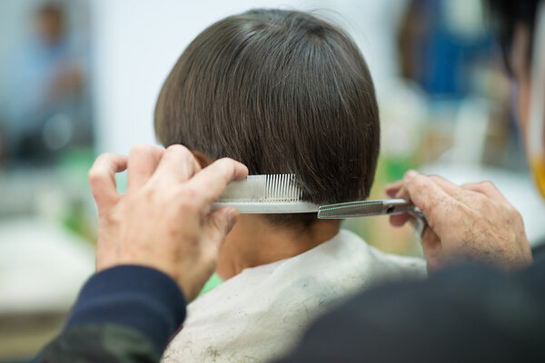 Little boy sitting for hair cut at barber shop