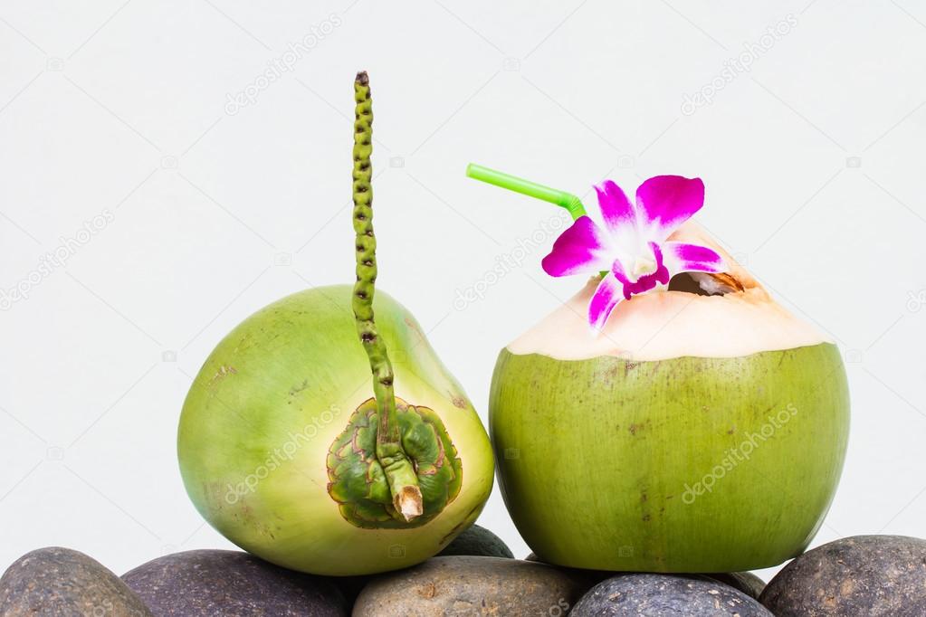 Young coconut water for serving on white background