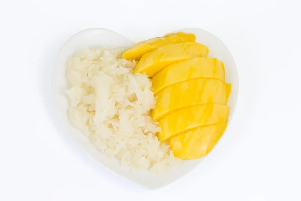Beyaz arka plan üzerinde yapışkan pirinç ile mango, kırpma yolunu ekle — Stok fotoğraf