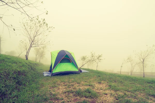 Tenda turística no nevoeiro, estilo pastel imagem — Fotografia de Stock