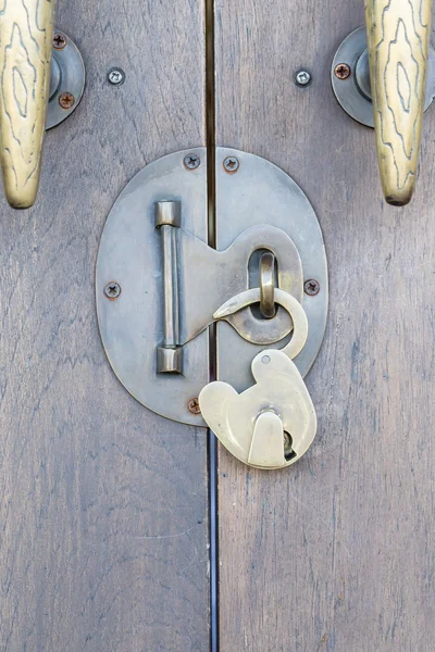 Латунный замок на деревянной двери — стоковое фото