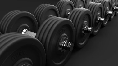 Siyah bir arka planda ve köşegen bir manzarada üç boyutlu siyah halterler. Arka plan için gerçekçi illüstrasyon ideali.