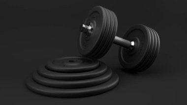 Siyah arka planda üç boyutlu siyah halterler. Gerçekçi çizim.