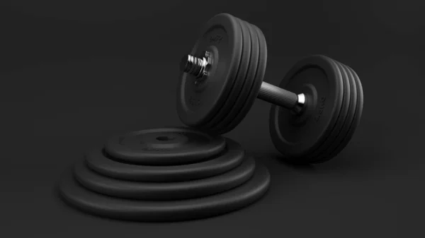 Black gym dumbbells in three dimensions on a black background. Realistic illustration.