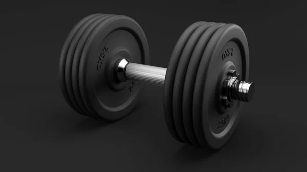 Black gym dumbbells in three dimensions on a black background and in a diagonal view. Realistic illustration.