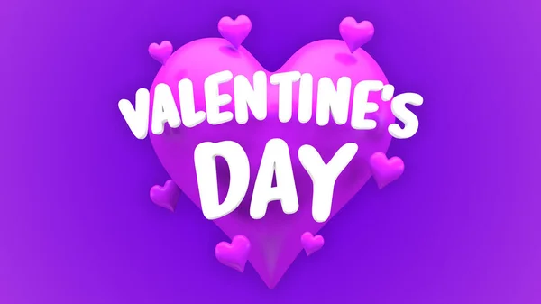 Heart with Valentine text and little hearts floating. Ideal for cards or backgrounds for February 14th. Purple heart, Violet background and white text. Three-dimensional illustration. 3D.