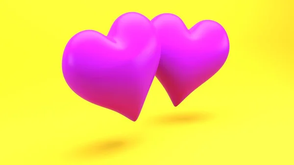 Ilustración Tridimensional Dos Corazones Violetas Sobre Fondo Amarillo Ideal Para — Foto de Stock